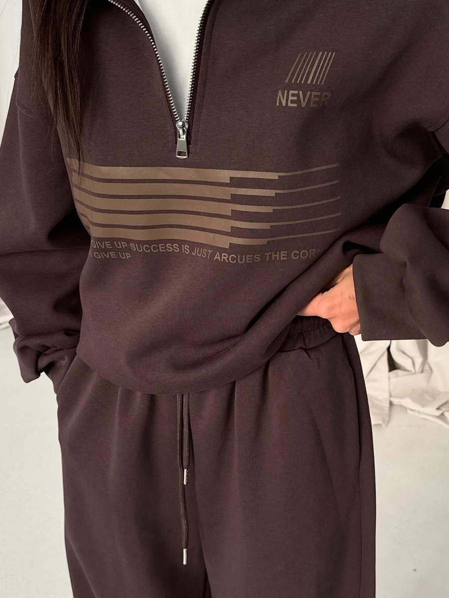 Brief Print Trekkoord Joggingbroek 2-delige set Dames Lange mouw Losse Rits Sweatshirt Herfst Vintage Casual Sportbroek Sets