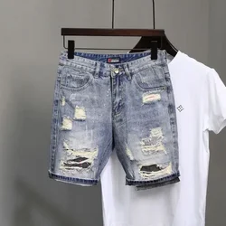 Short Jeans Pants for Men Ripped Blue Baggy Man Denim Shorts Trend 2024 Wide Harajuku Retro Cowboy New in Cut Sale Thin Rude Xl