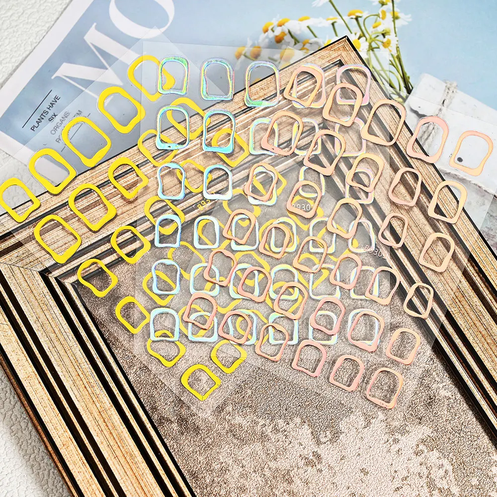 Gold Silver Irregular Geometric Figures Nail Art Stickers Hollow Metal Frame Press on Nails Decals Square Round Manicure Design*