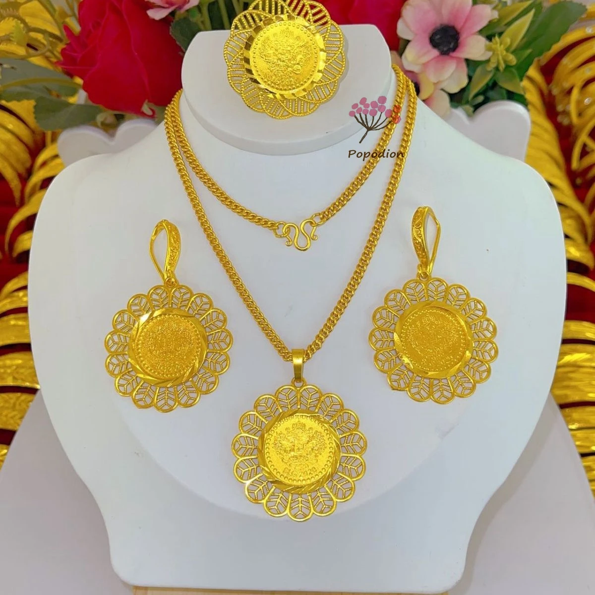 

2024 Popodion New Dubai 24K Gold Plated Necklace Earring Ring for Women's Wedding Party Jewelry Set DD10342