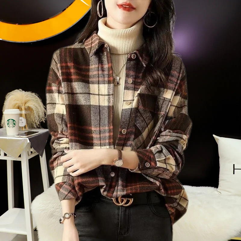 Fashion Lapel Printed Folds Asymmetrical Plaid Shirts Women\'s Clothing 2023 Autumn Winter Loose All-match Tops Commuter Blouses