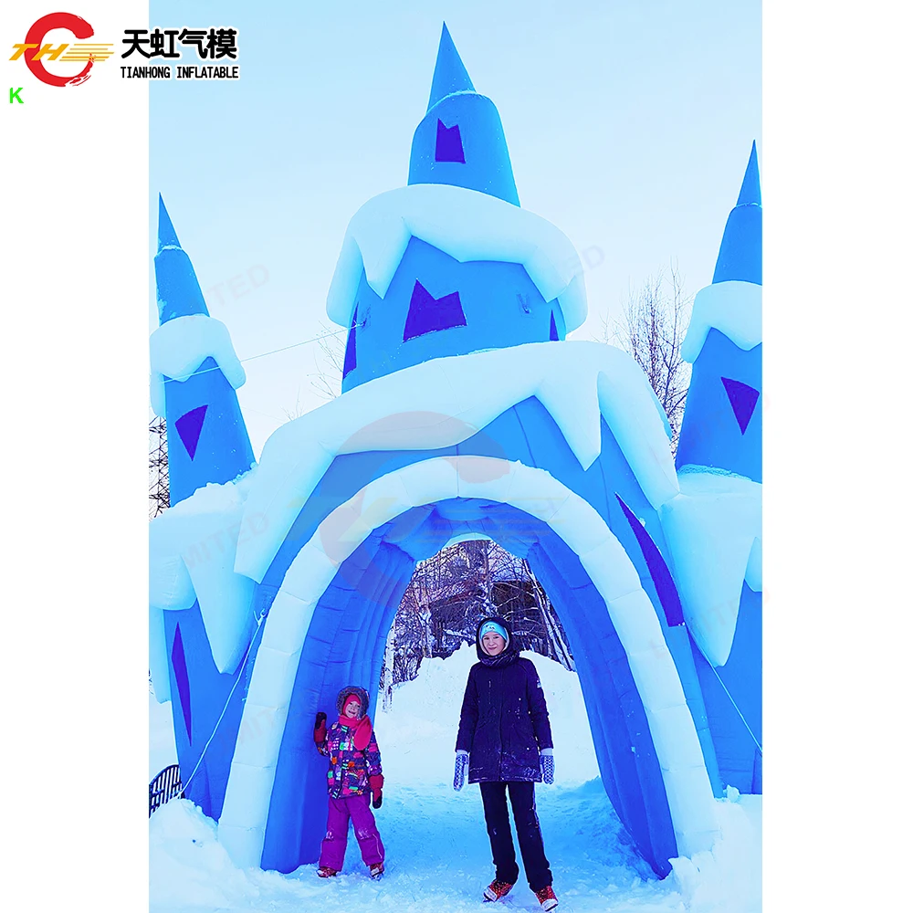 Envío rápido, 5mH, castillo de hielo inflable, arco de túnel, tienda de túnel inflable de copo de nieve de invierno personalizada con soplador