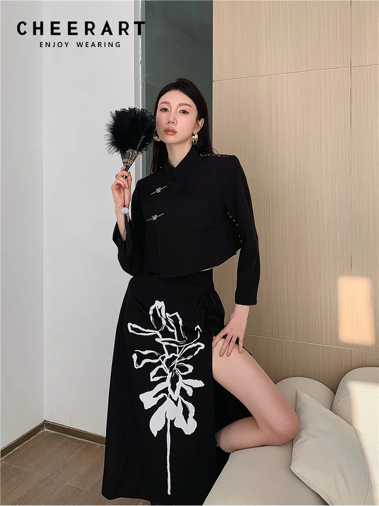 CHEERART Vintage Blazer Skirt 2 Piece Sets Women Outfit Spring Black Jackets And Skirts Contrast Stitch Fashion 2023 Outfit