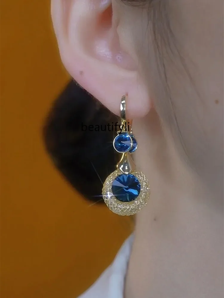 Light luxury high-end gold silk blue crystal earrings fashionable sterling silver needle earrings niche design ear buckles