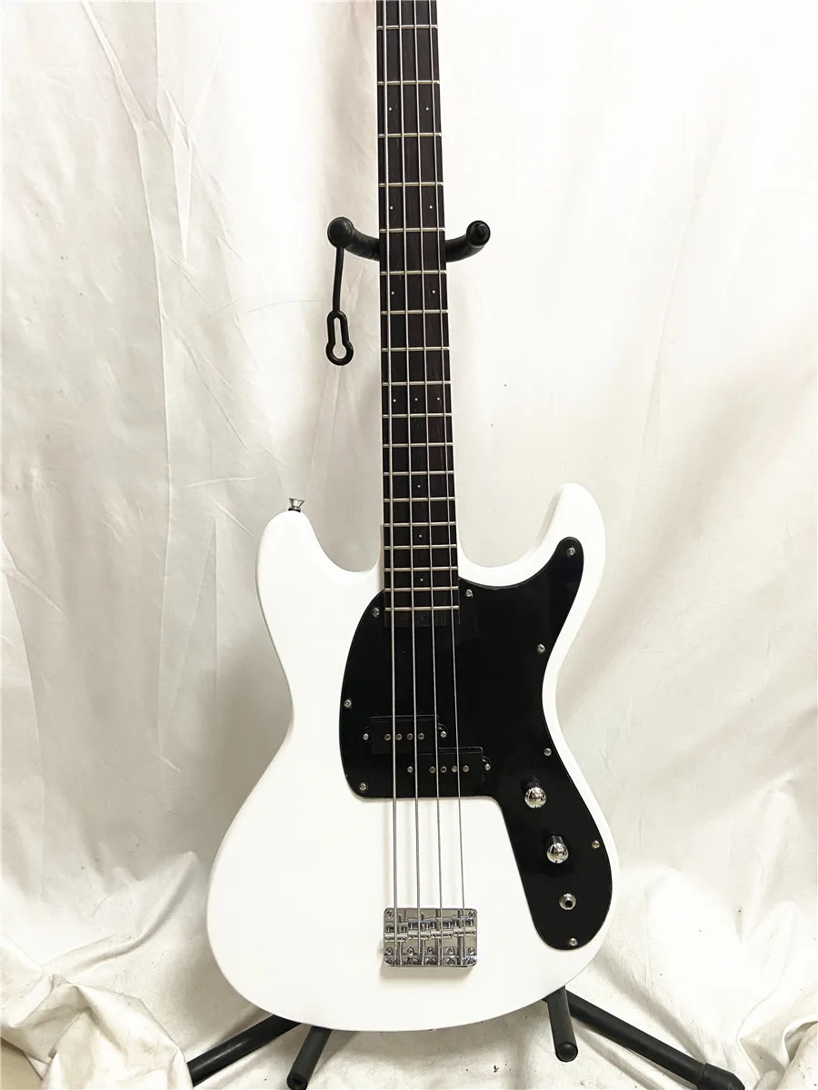 High quality custom version 4 string electric bass white chrome plated accessories black guard plate