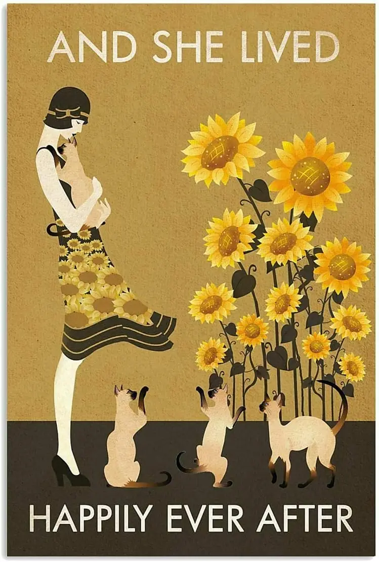 Beany Sunflower Vintage Girl Lived Happily Siamese Cat Poster Gift for Girls Funny Tin Signs Metal Sign Bar Decorations Art sign