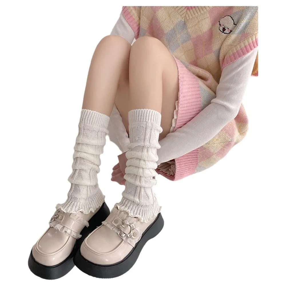 Japanese Lolita Fashion Leg Warmers Lace Acrylic Stacked Socks Knitted Foot Cover Warmth Knee Socks JK Sock Covers