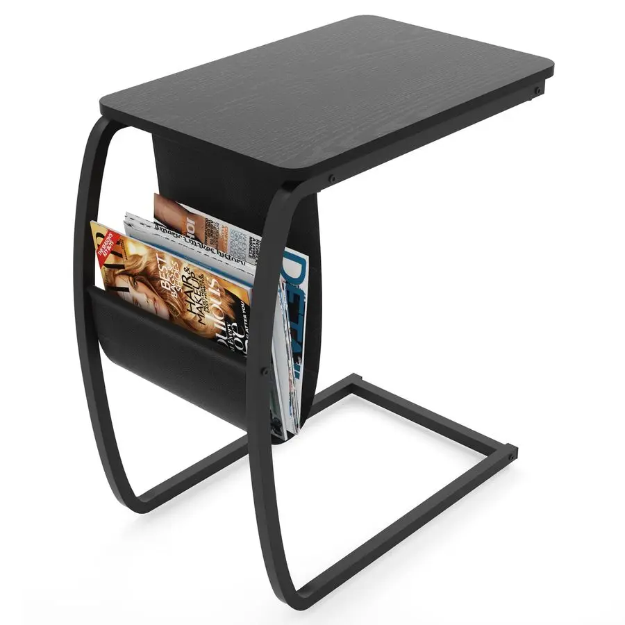 

Side End Tables Living Room, Vintage CShaped Laptop Table for Couch, Snack Table with Side Pocket, Black