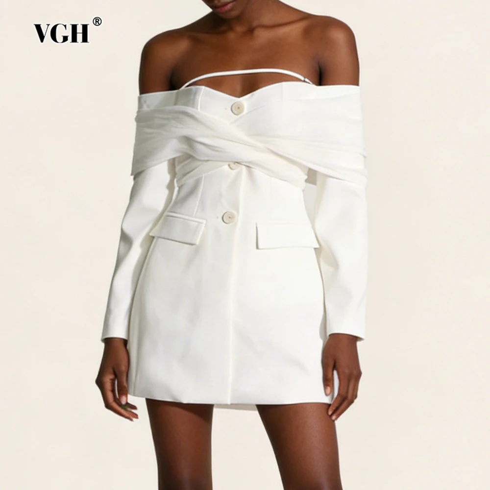 

VGH Sweet Sexy Solid Slimming Blazers For Women Slash Neck Off The Shoulder Sleeve High Waist Spring Elegant Jacket Female New