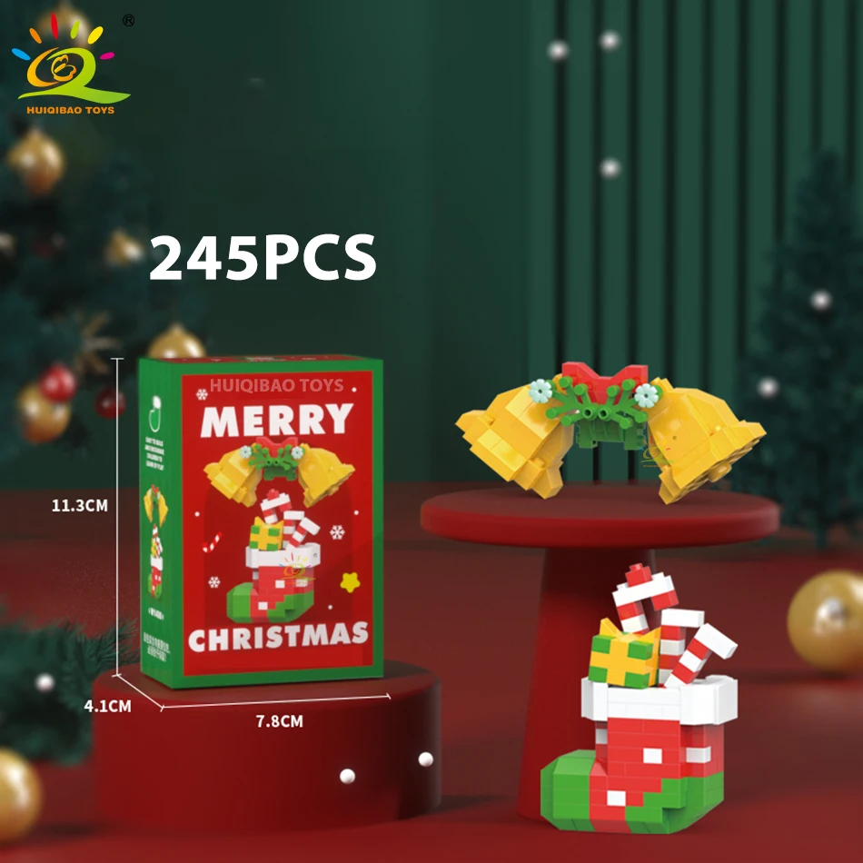 HUIQIBAO MOC Christmas Bell Tree Santa Claus Mirco Building Blocks Ideas Snowman Elk Sled Mini Bricks Toy for Children Xmas Gift