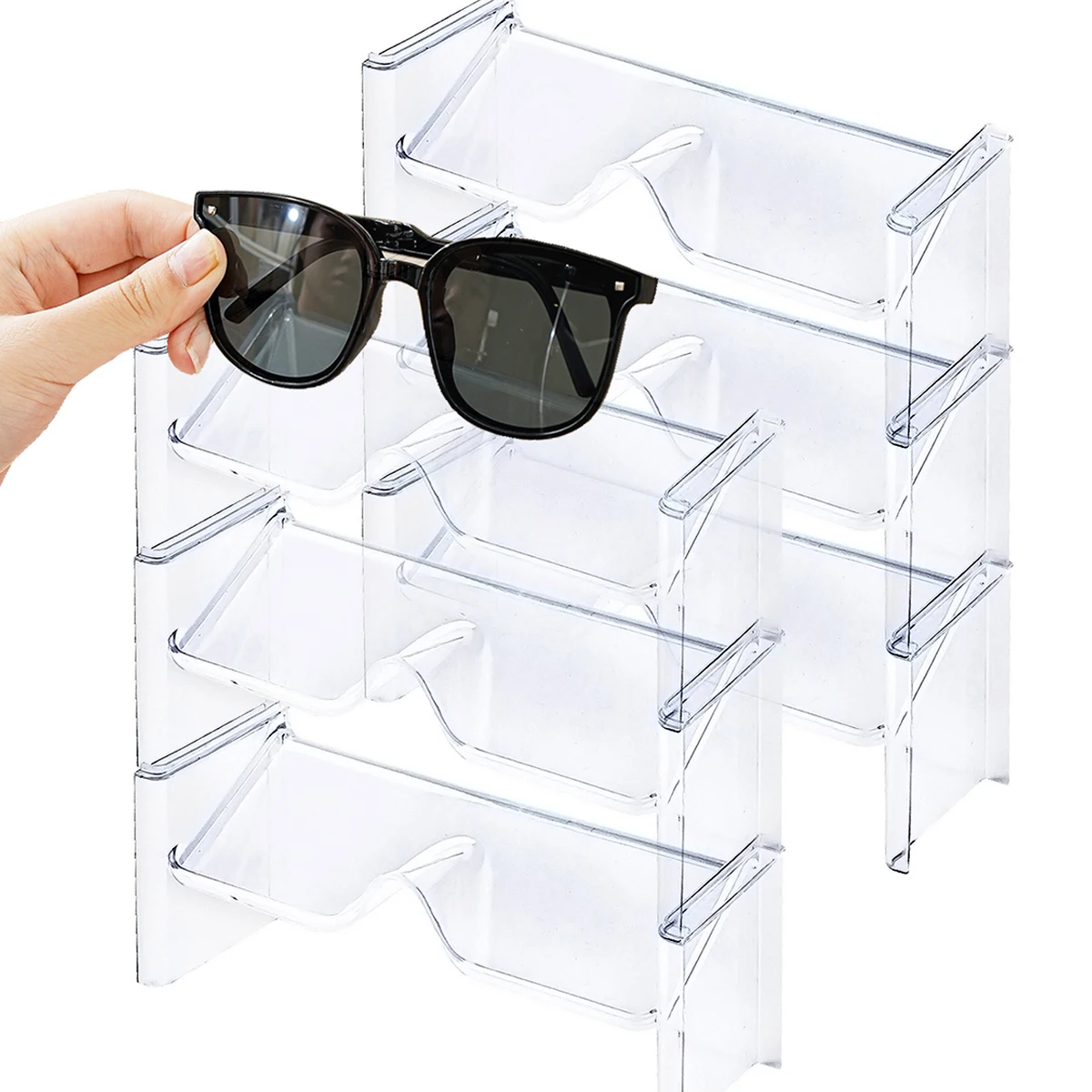 Paquete de 2 estantes de almacenamiento para gafas apilables, mostrador de escritorio, estante de exhibición para gafas de sol (transparente)