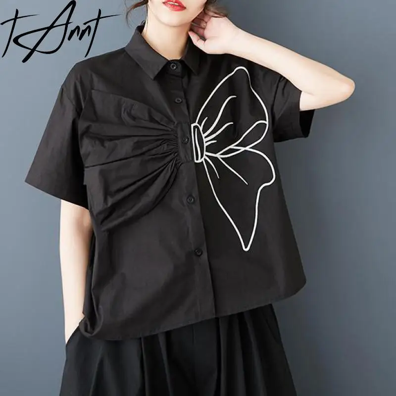 

Tannt Women Shirt Blouse Printing Color Matching Patchwork Black Shorts Blouse Tops 2025 New Fashion Summer Women Shirt Tops