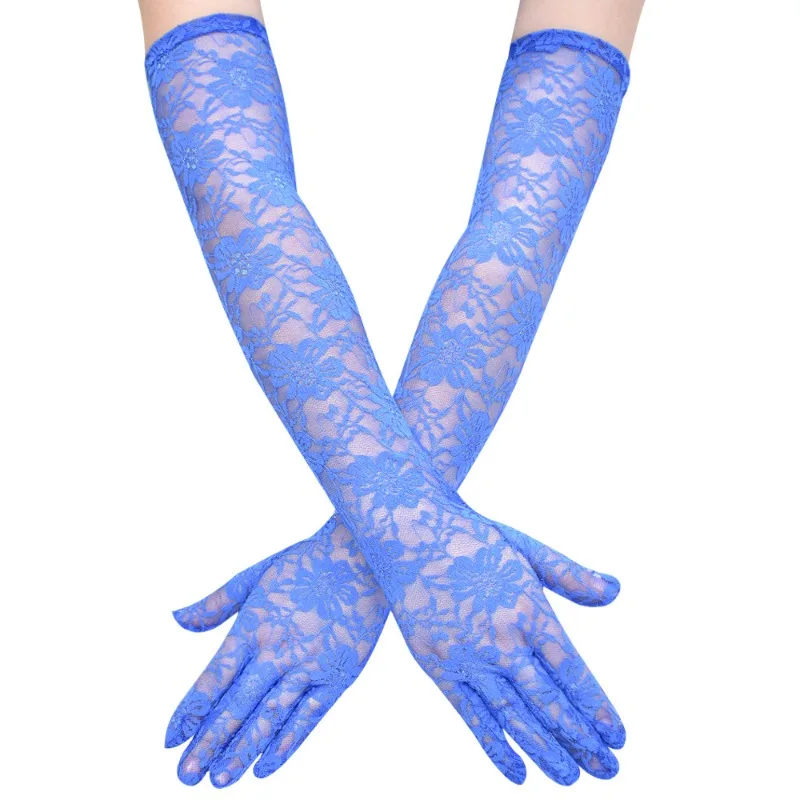 49CM Long Women Sexy Lace Chrysanthemum Gloves Thin Transparent Stage Performance Opera Dance Party Evening Dress Accessories