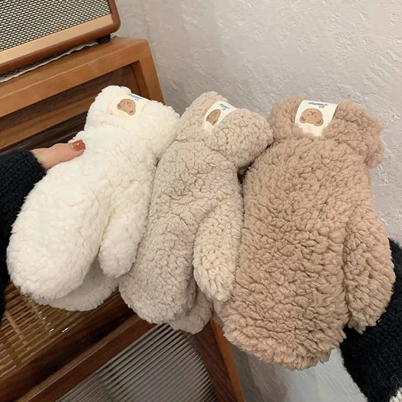 Cute Bear Plush Warm Gloves Winter Thick Fingerless Mittens Japanese Anime Gloves with Ropes Outdoor Hand Warmer Riding Mittens