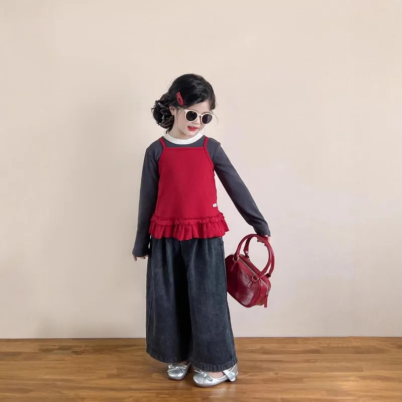 

Girls Set 2025 Autumn Sweet Red Ruffles Tank Top Gray Base Layer T-shirts Lace Balck Long Jeans Three Piece Set