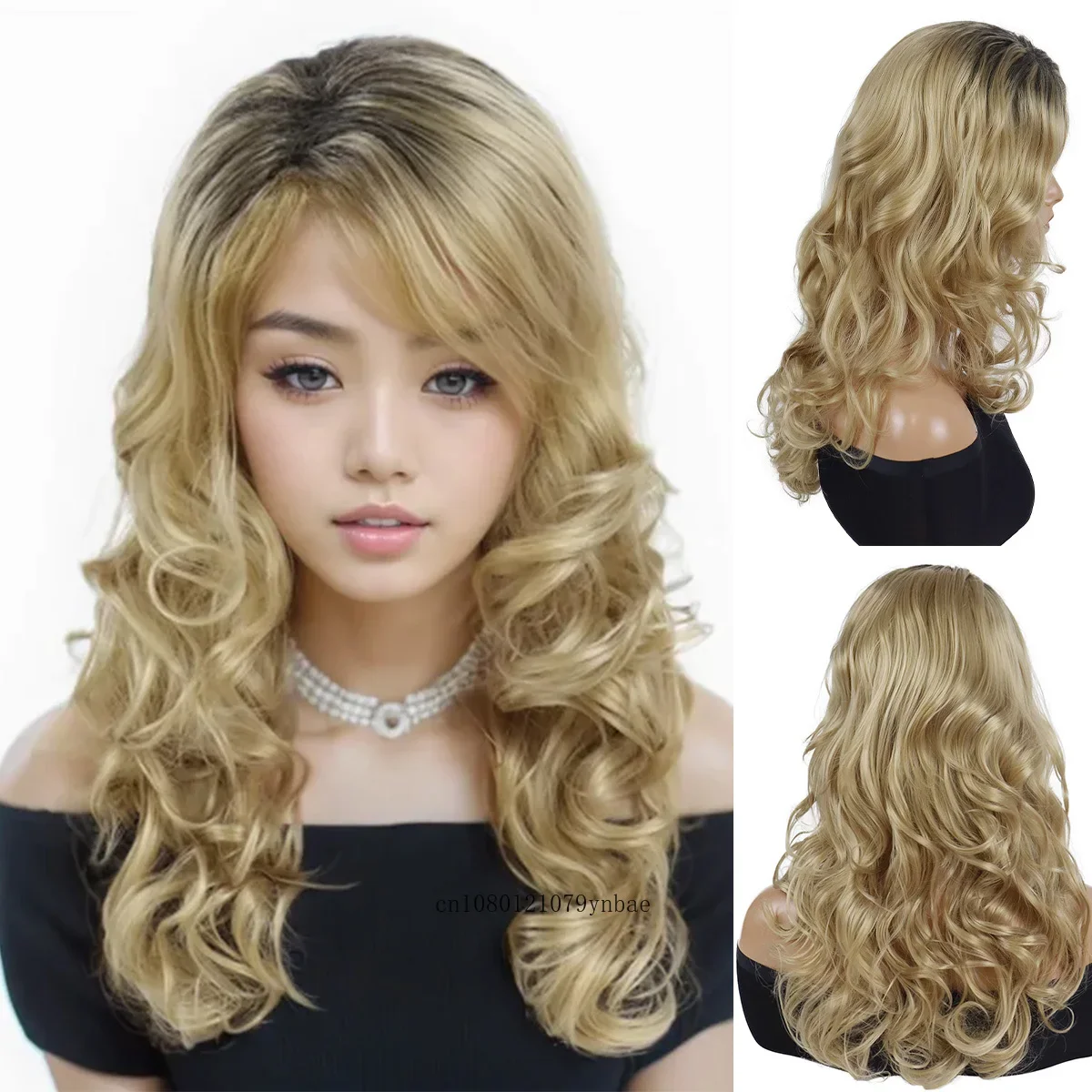 Synthetic Blonde Wigs for Women Natural Looking 22 Inch Long Fluffy Wavy Curly Wig with Bangs Daily Party Costume Heat Resistant