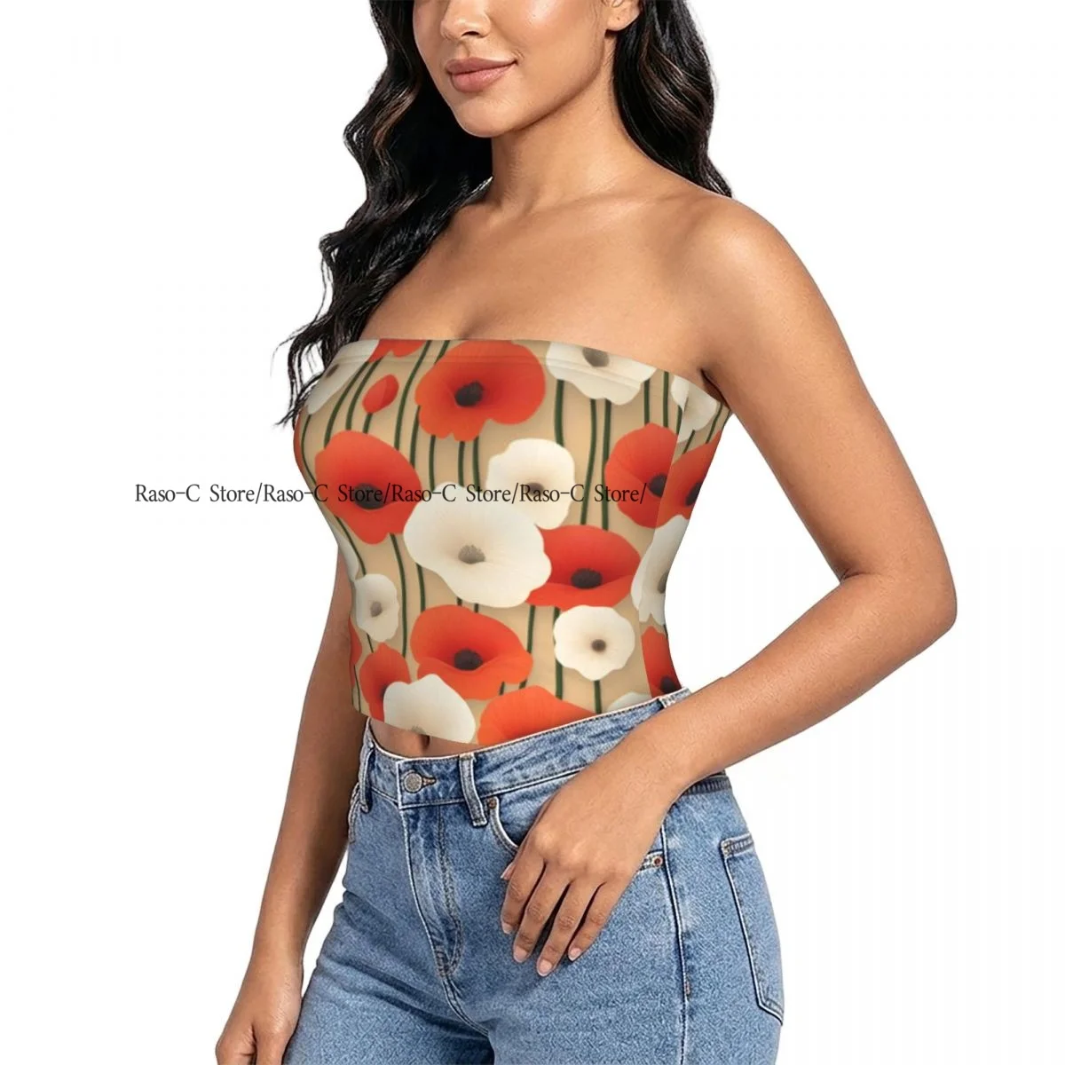 Women Shirt Summer Strapless Backless Tops Poppies In Retro Style Sleeveless Vest