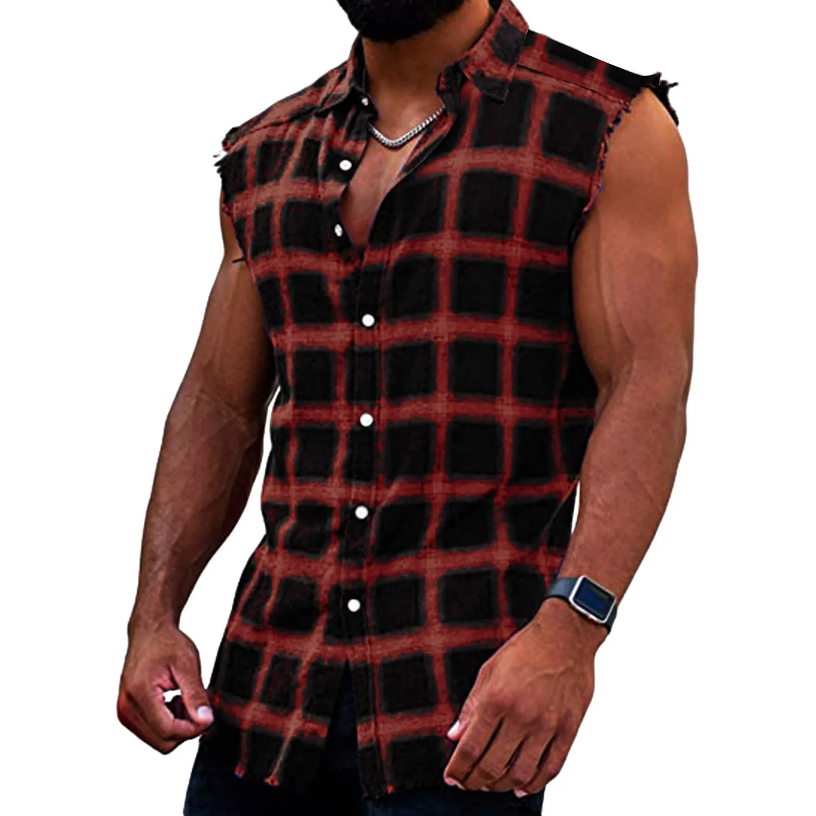 Men\'s Summer Fashion Casual Plaid Print Sleeveless T Shirt Vest Buckle Sanding 2024 Korean Style Mens Tank Tops Beach Vest