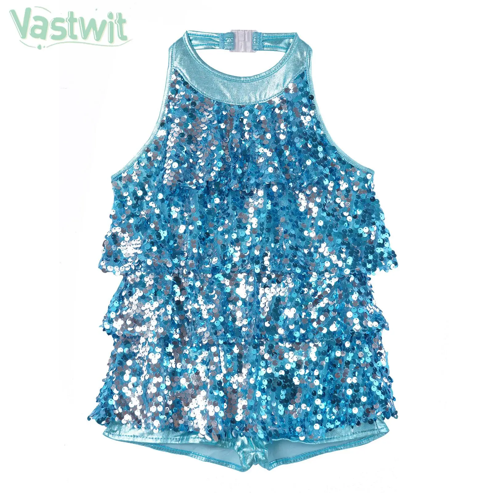 Children Girls Jazz Latin Dance Bodysuit Sleeveless Shiny Sequin Leotard Dress for Ballet Gymnastics Skating Cha-cha Performance