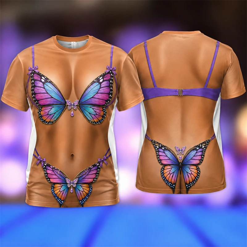 Unisex Funny 3D Bikini Print Short Sleeve T‑Shirt Funny Animal Graphic Tee Prank Costume Top For Beach Carnival Holiday Tops