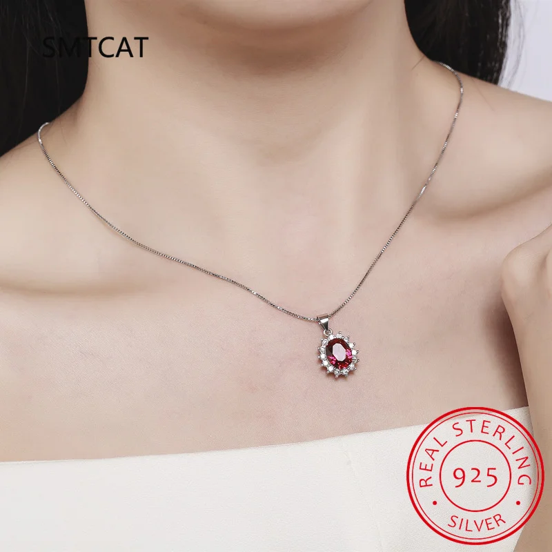 Princess Diana Created Red Ruby Natural Garnet 925 Sterling Silver Pendant Necklace For Women Oval Gemstone Fine Jewelry Choker view 6