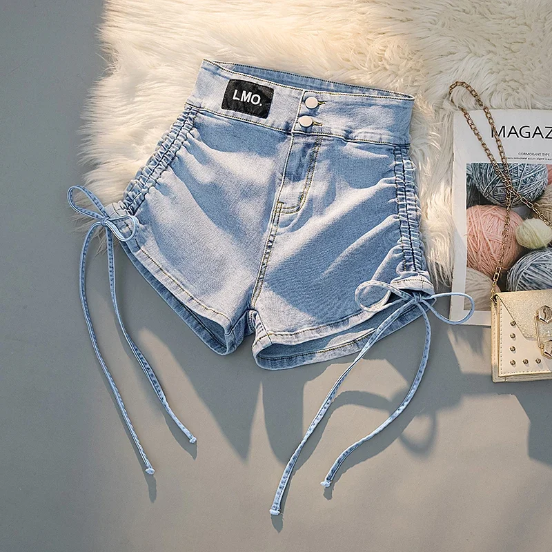 Strap drawstring denim shorts Women's summer high waist, thin, tight, elastic women's hot pants