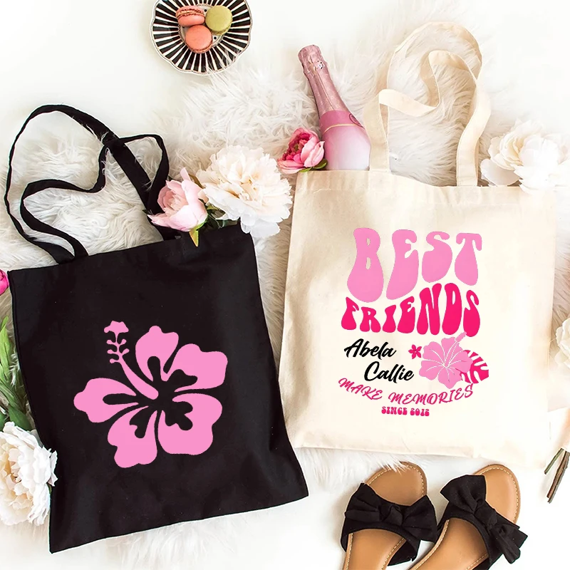 Best Friends-Bolso de hombro con flores de hibisco, bolsa de compras reutilizable, bolso de mano BFF Besties