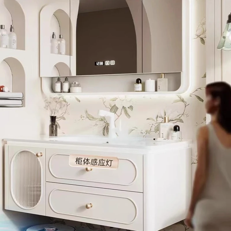 French High End Painted Ceramic Integrated Cream Combination Bathroom Style Washing and Hand Cabinet Oak Basin Intelligent Above
