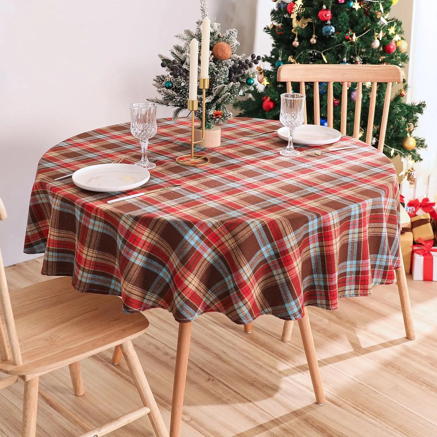 

Рождественская круглая скатерть в клетку буйвола, хлопковая скатерть, рождественская зимняя моющаяся крышка стола для праздничной вечеринки, обеденного украшения