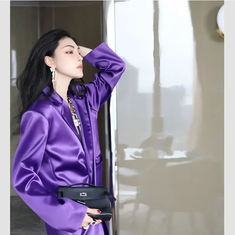 

Pop Women Blazers Trend Coat Faux Silk Suits Jackets Long Sleeve Spring Autumn Thin Tops Cardigan Lapel Blazer Luxury Design Coa
