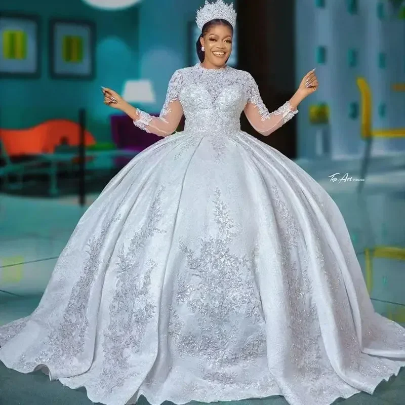 Customized High Neck Lace Appliques Wedding Dress Corset Back African Plus Size Vestidos De Novia Ballgown Puffy Bridal Gowns