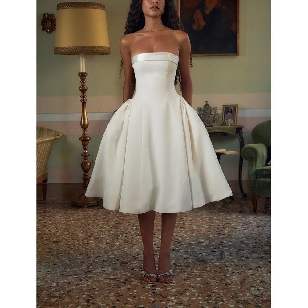 

Vintage Strapless A-Line Tea-Length Prom Gowns Elegant Sleeveless Evening Party Dresses Draped Dress