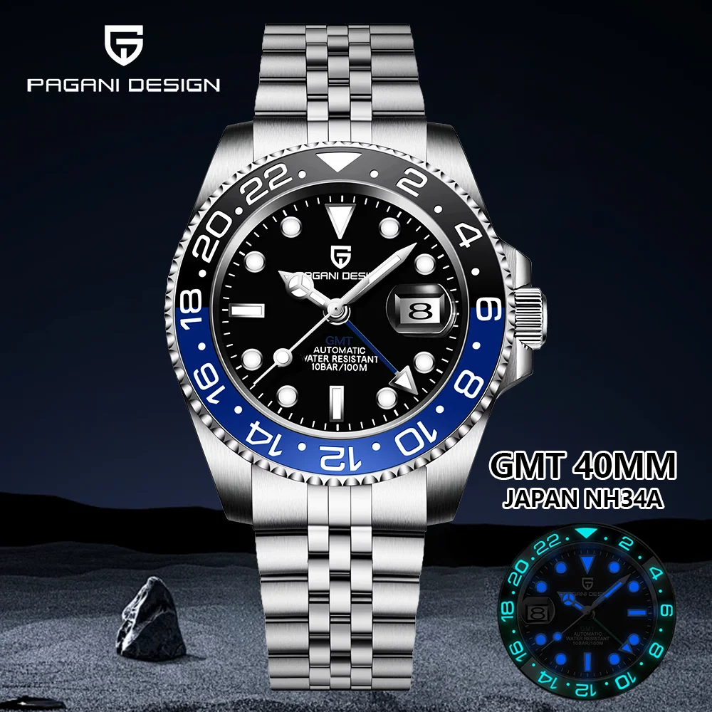 PAGANI DESIGN Original 40MM Men Japan NH34 GMT Automatic Mechanical Watches Luxury Stainless Steel 100M Dive Watch PD-1662