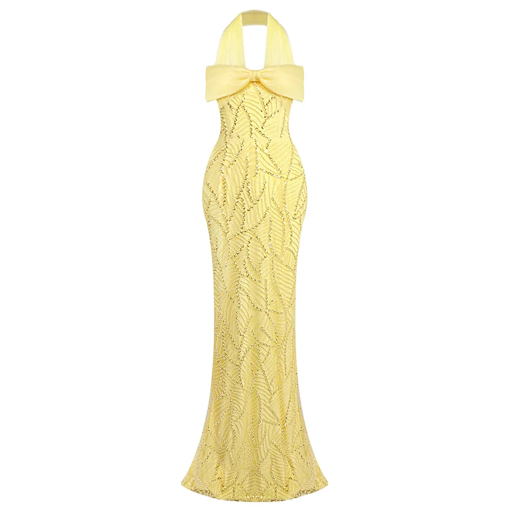 

Elegant Light Yellow Halter Mesh Gown Luxury Pearls Sequins Maxi Dress with 3D Bow for Wedding Guest Formal Evening Party