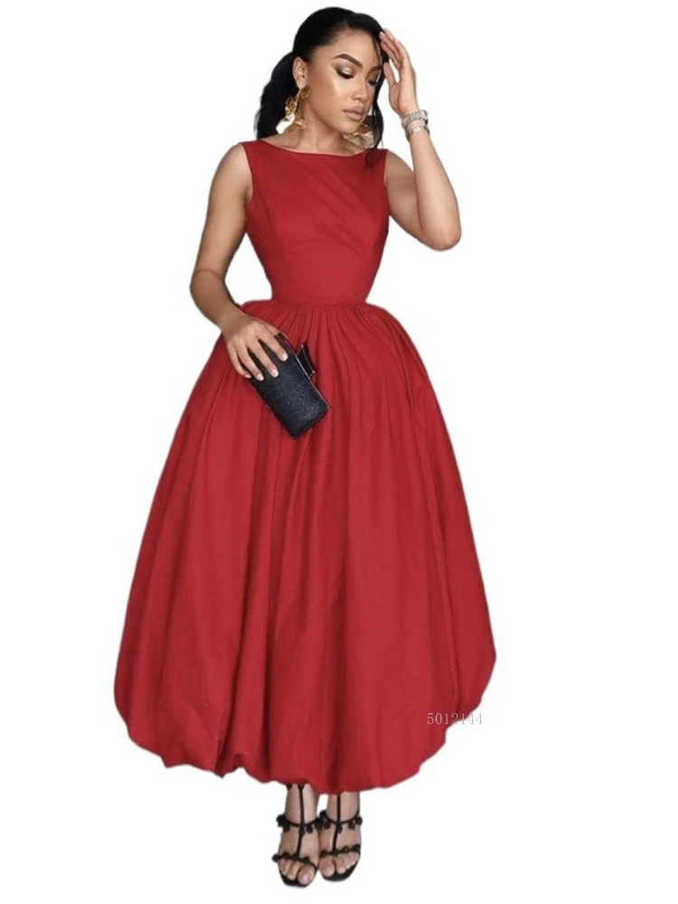 

Women Elegant Dress Wedding White Round Neck Bubble Maxi Dresses Sleeveless Pleated A-Line Backless Casual Cocktail Summer Dress
