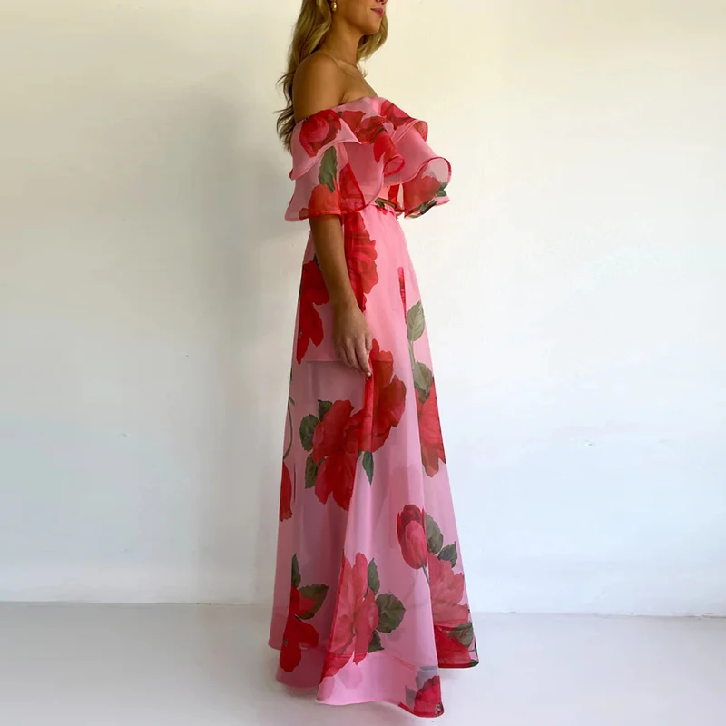 Women's short sleeved long skirt 2-piece set sexy off shoulder top and skirt set fashionable party printed holiday skirt set view 6
