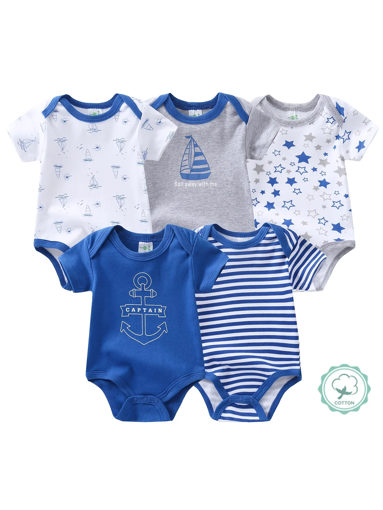 5pcs Baby Boy Triangle Rompers, Creative Baby Bodysuits, Short Crawler Onesies, Short Sleeve Jumpsuits with Sailboat Pattern, Soft Breathable Casual Infant Clothes, Newborn Hospital Essentials, Bargain, for Outdoor