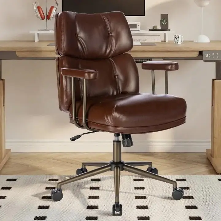 Mid-Century Modern Ergonomic Office Chair Mid Back Tufted Brown, Customized