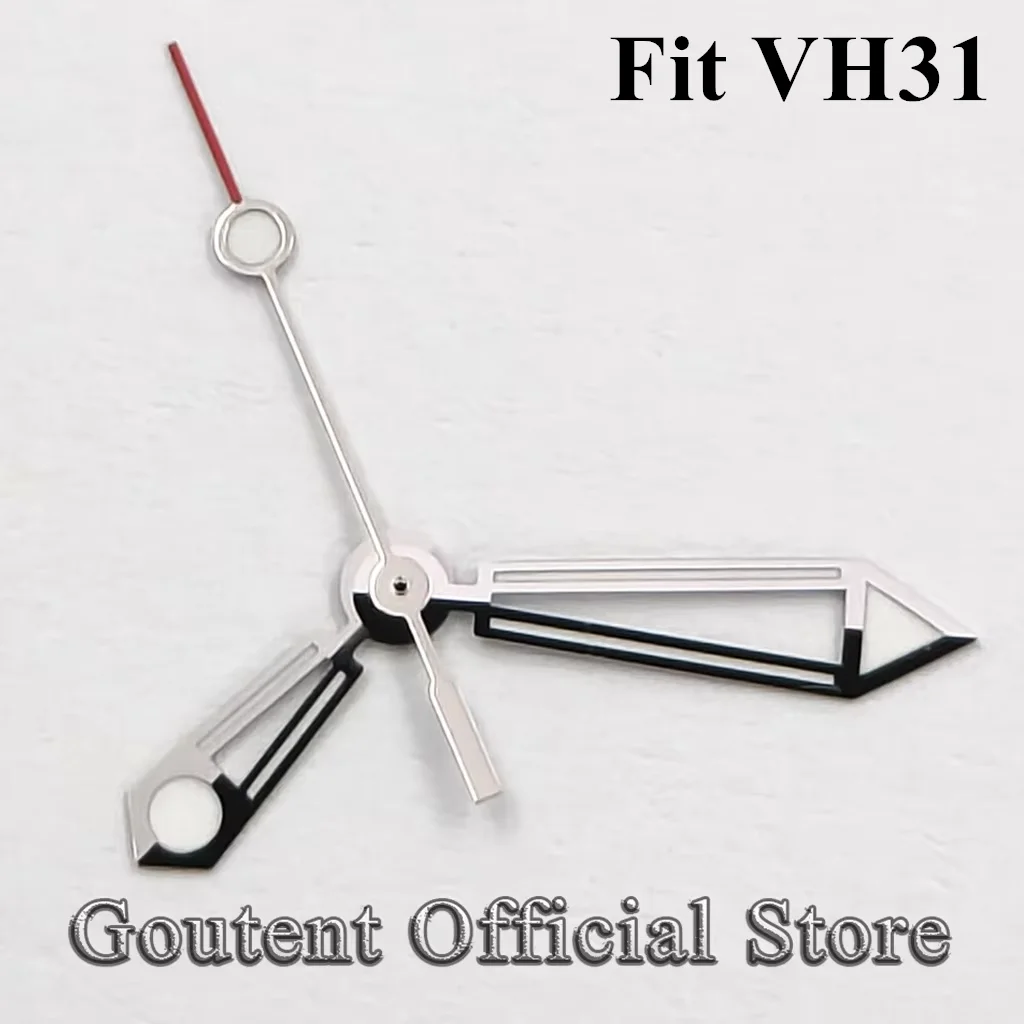 Ponteiros de Relógio Goutent Silver Hollow Arrow com Luminosidade Verde e Ponteiro de Segundos Vermelho para Movimento de Quartzo Japonês VH31 - Peças de Substituição para Relógios