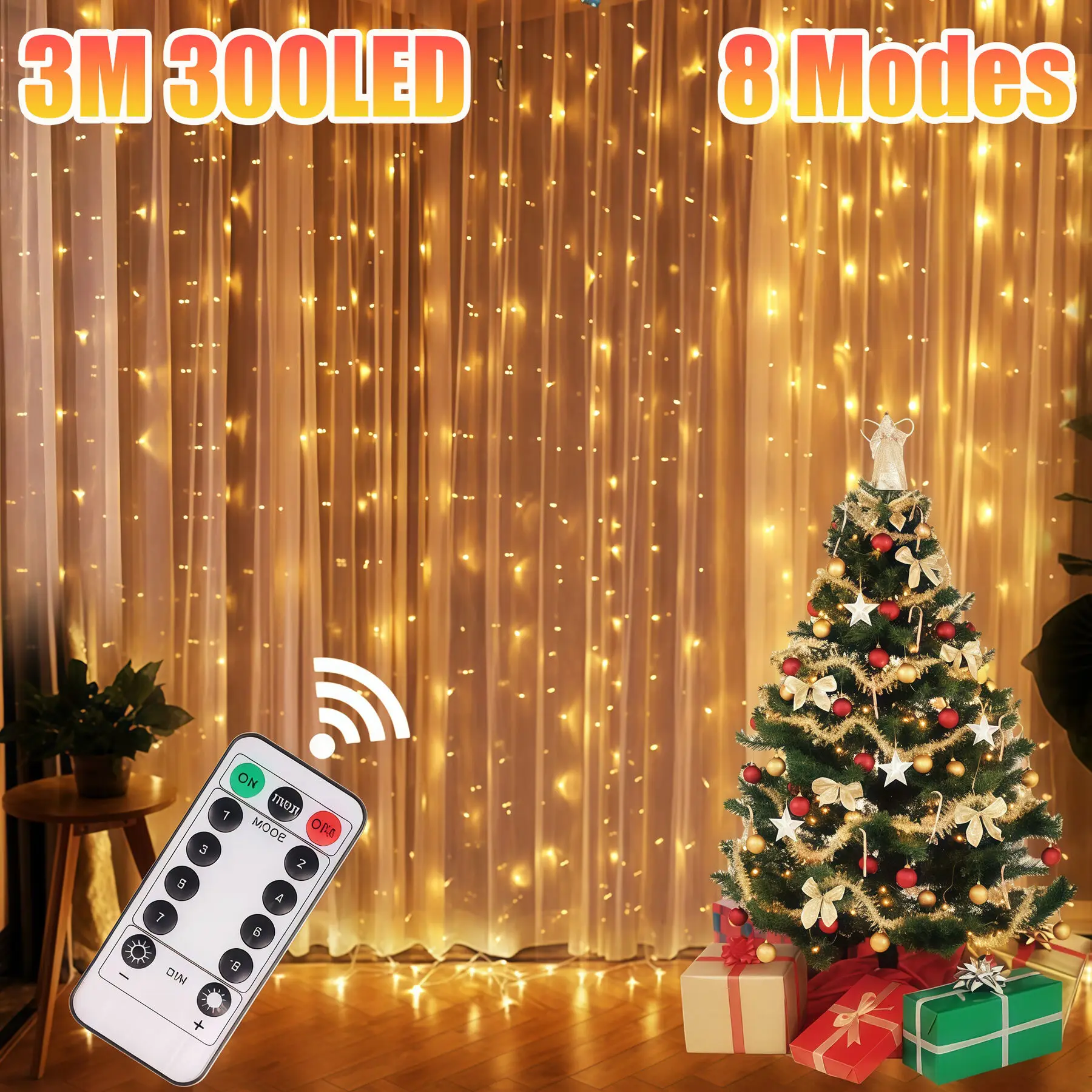 Christmas Curtain LED String Lights Garland Festival 8 Modes USB Remote Control Holiday Wedding Fairy Lights for Bedroom Decor