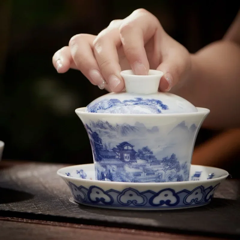 Blue and White Porcelain Three-color Cover Bowl, Rock Tea Brewing Tea Bowl, Penglai Fairyland Cover Bowl, Master Cup, Pu'er Cup