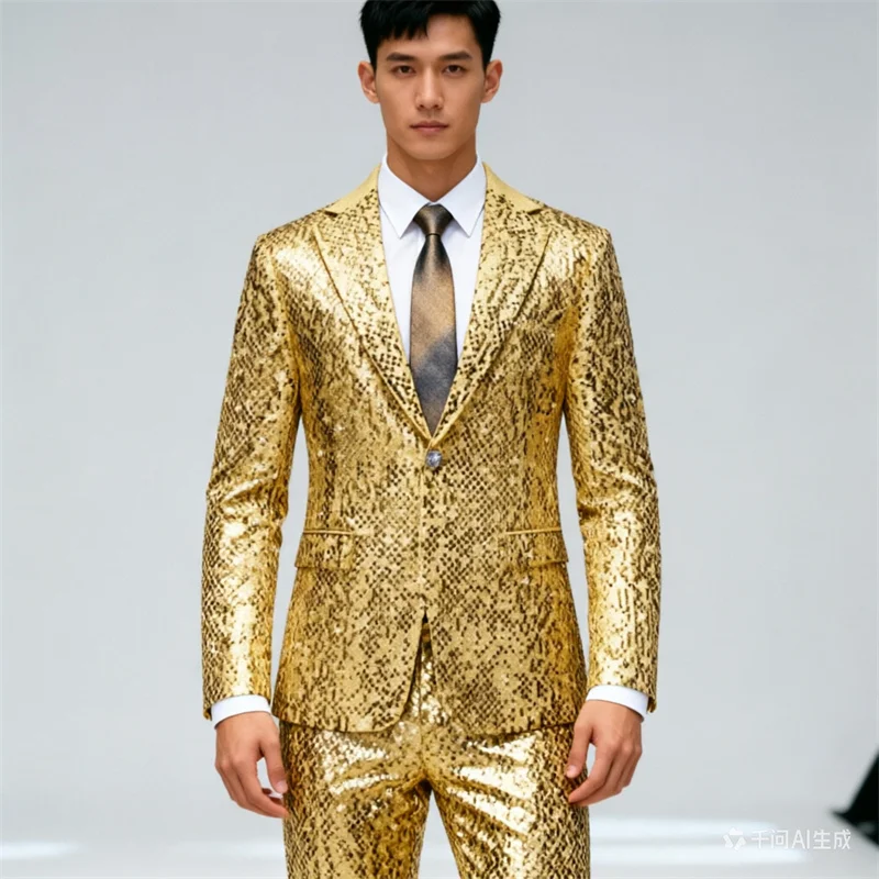 

European Sizes - Gold Shiny Suit Men's Two-piece Set, Wedding Banquet, Party, Stage Performance, Suit Jacket and Pants