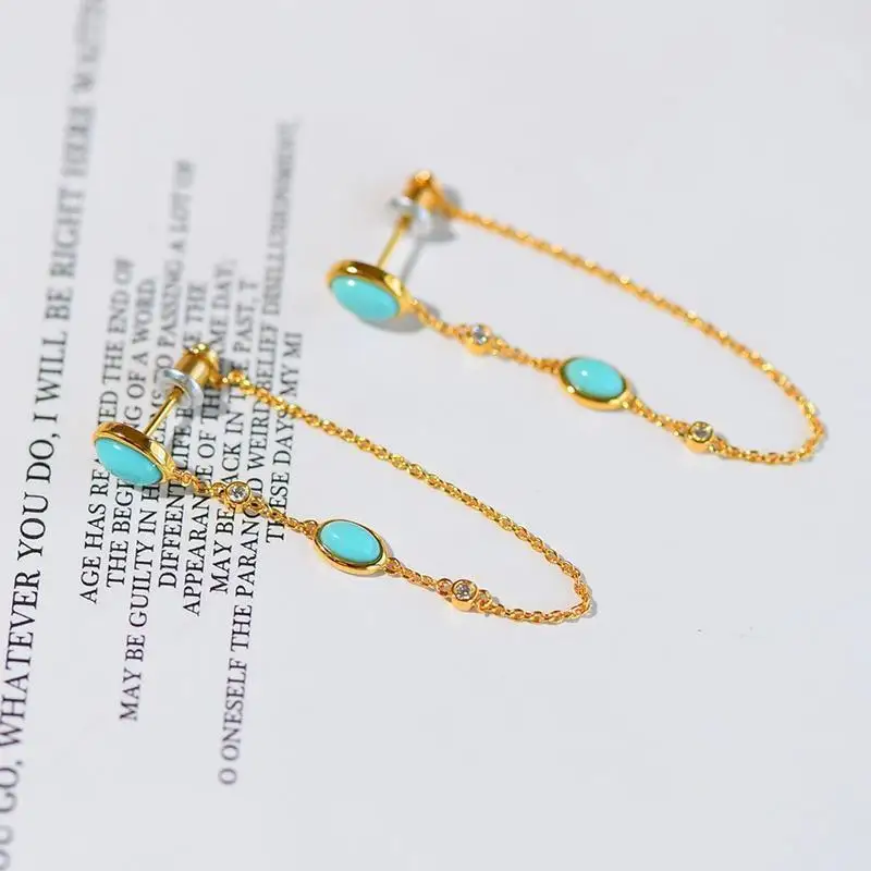 Fashion Trendy 18K Gold Plated Natural Turquoise Bead Drop Dangle Threader Earrings For Women Non-fading Gemstone Tassel Jewelry