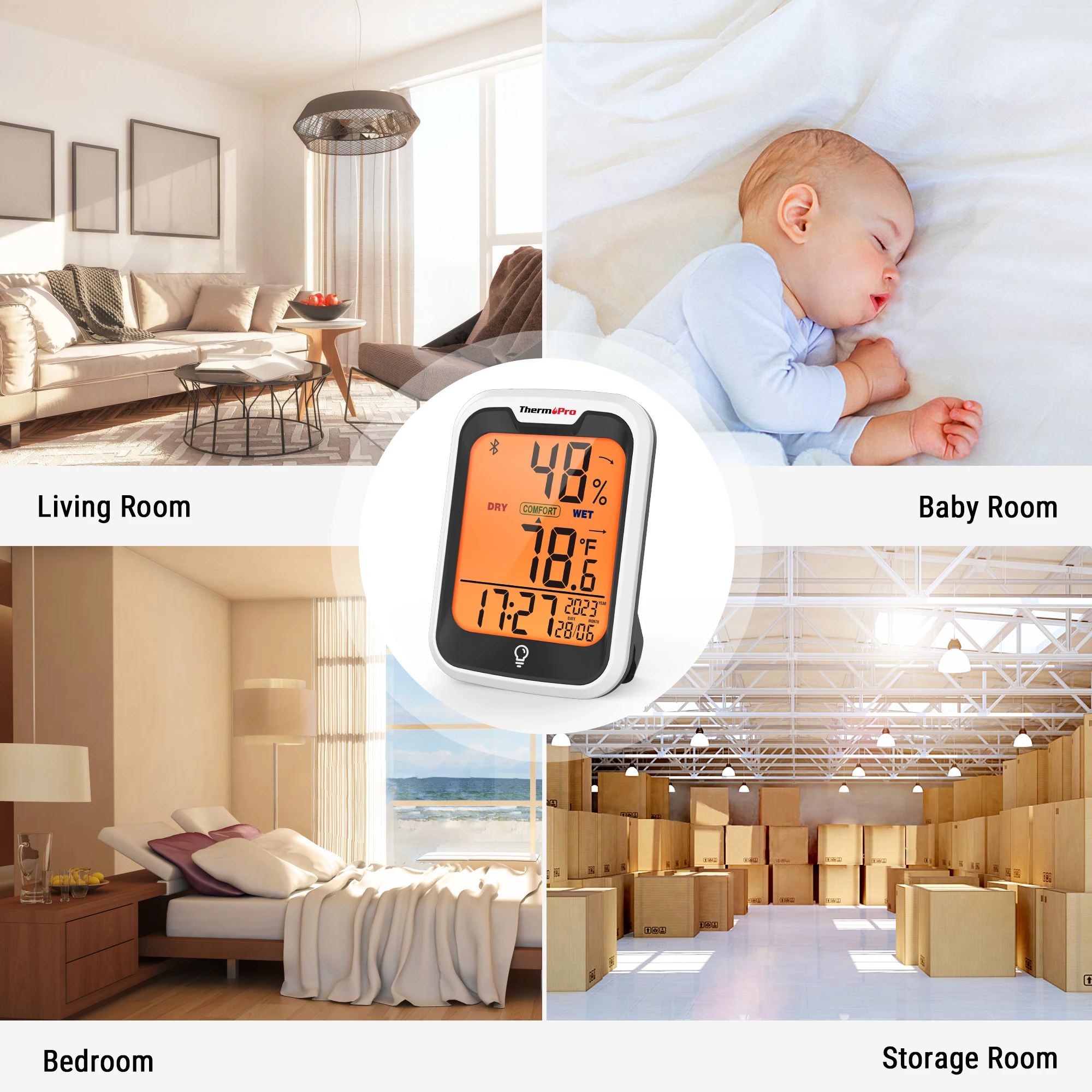 ThermoPro TP358 Backlight Bluetooth-contected APP Digit Weather Station Indoor Thermometer Hygrometer For Home With Clock & Day view 6