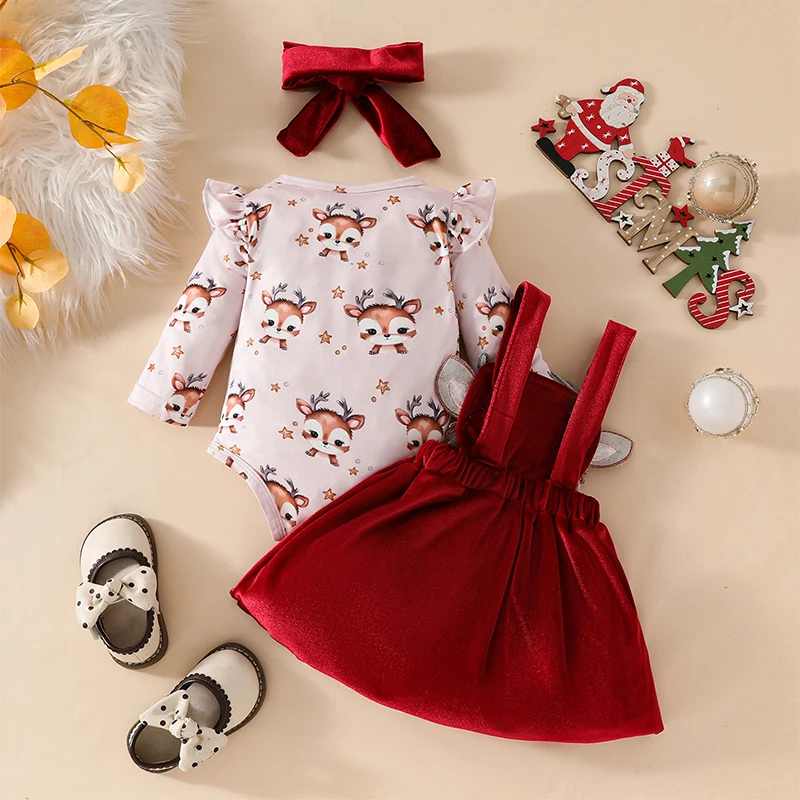 Newborn Baby Girl Christmas Outfit Reindeer Print Long Sleeve Romper with Overalls Skirt and Headband 3 Pcs Set 0-18 Months