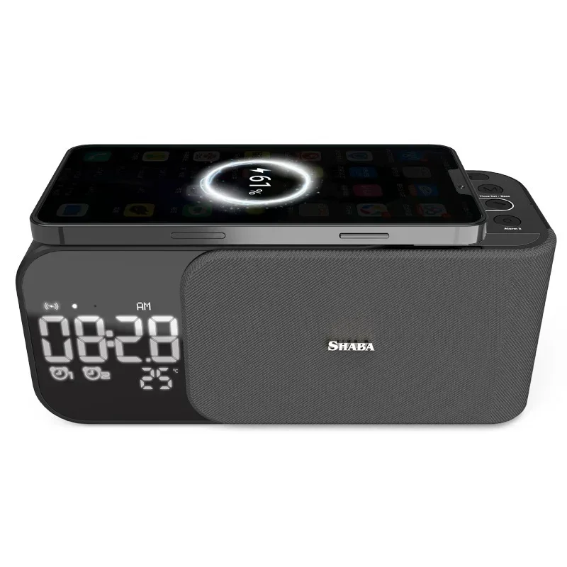 Wireless Charging Alarm Clock FM Radio Bluetooth Speaker with Microphone Temperature Indicator LED Digital Display Speakers