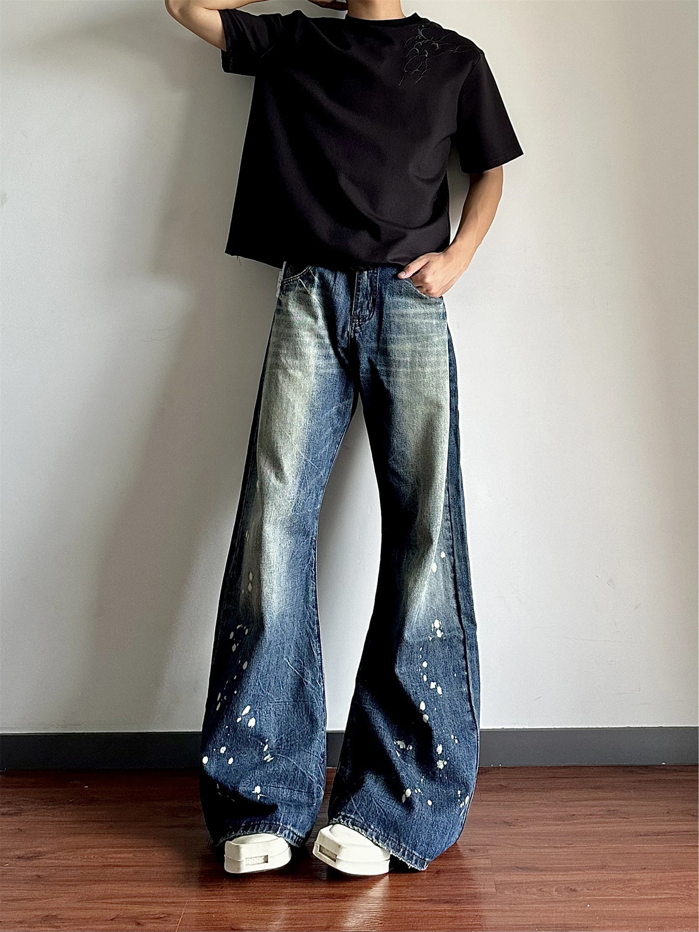 

Blue Splaed Ink Wide Leg Jeans Men's Loose Casual High Street Sle Knife Loose Fit Denim Pants Youth Daily Wear