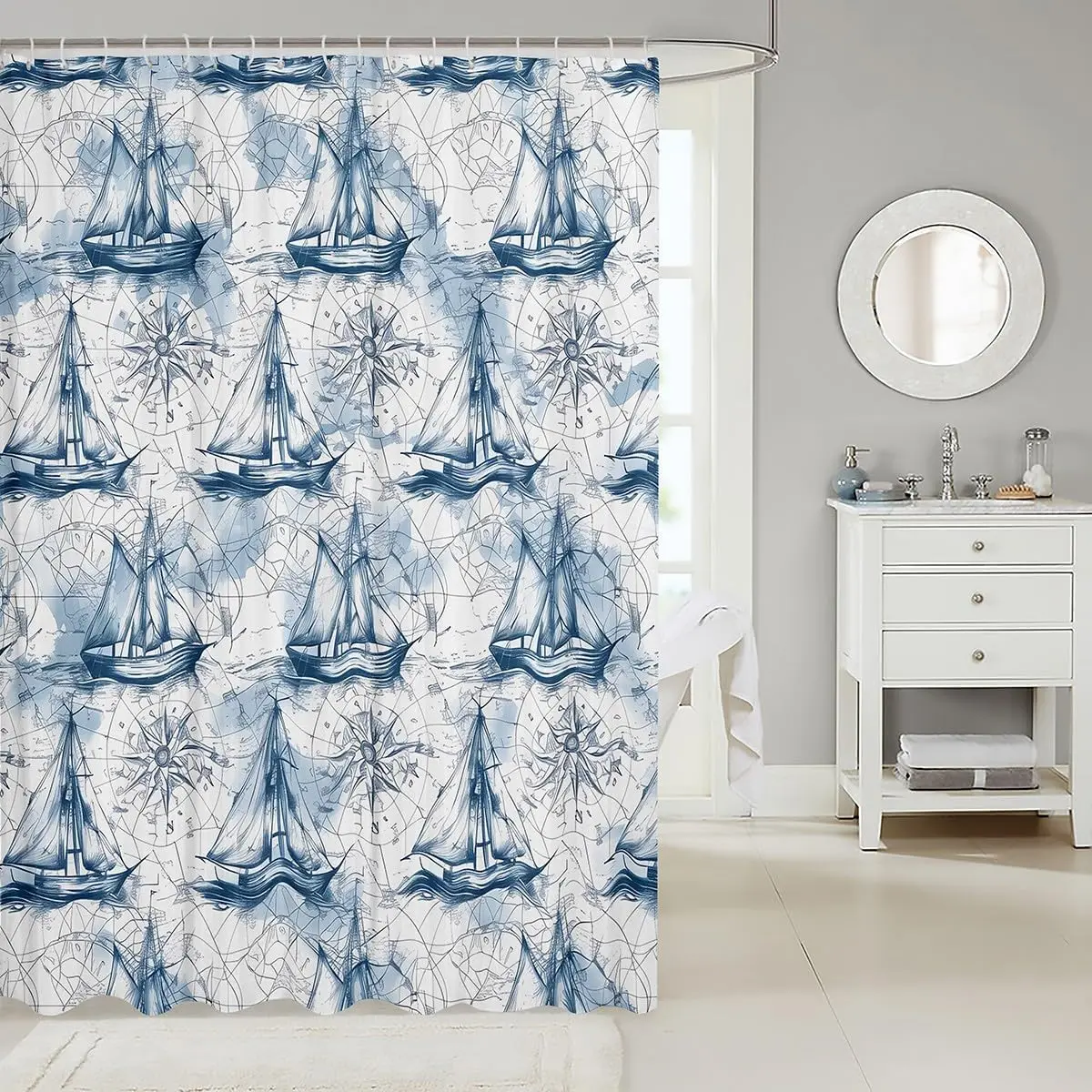 Decorative Blue Nautical Shower Curtain World Map Sailing Ships Coastal Ocean Style Bathroom Decor 180x180cm