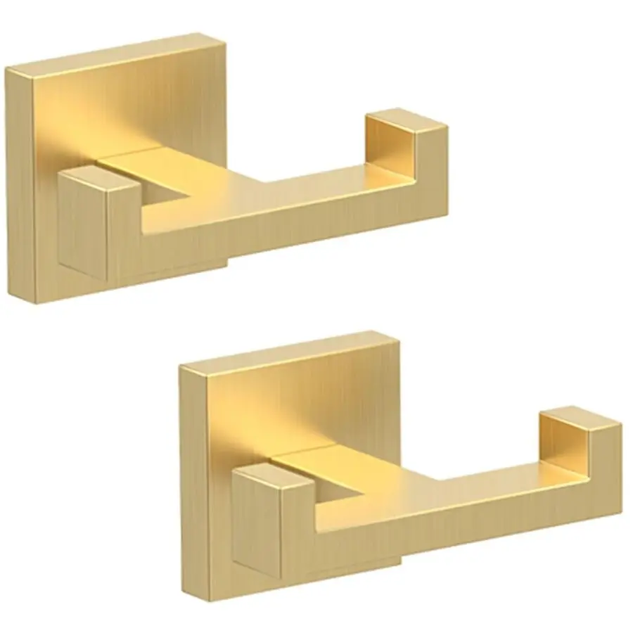 

Double Towel Hooks for Bathroom Light Brushed Gold Wall Mount2 Pack Modern Square Style Coat Robe HookStainless Steel Heavy Duty