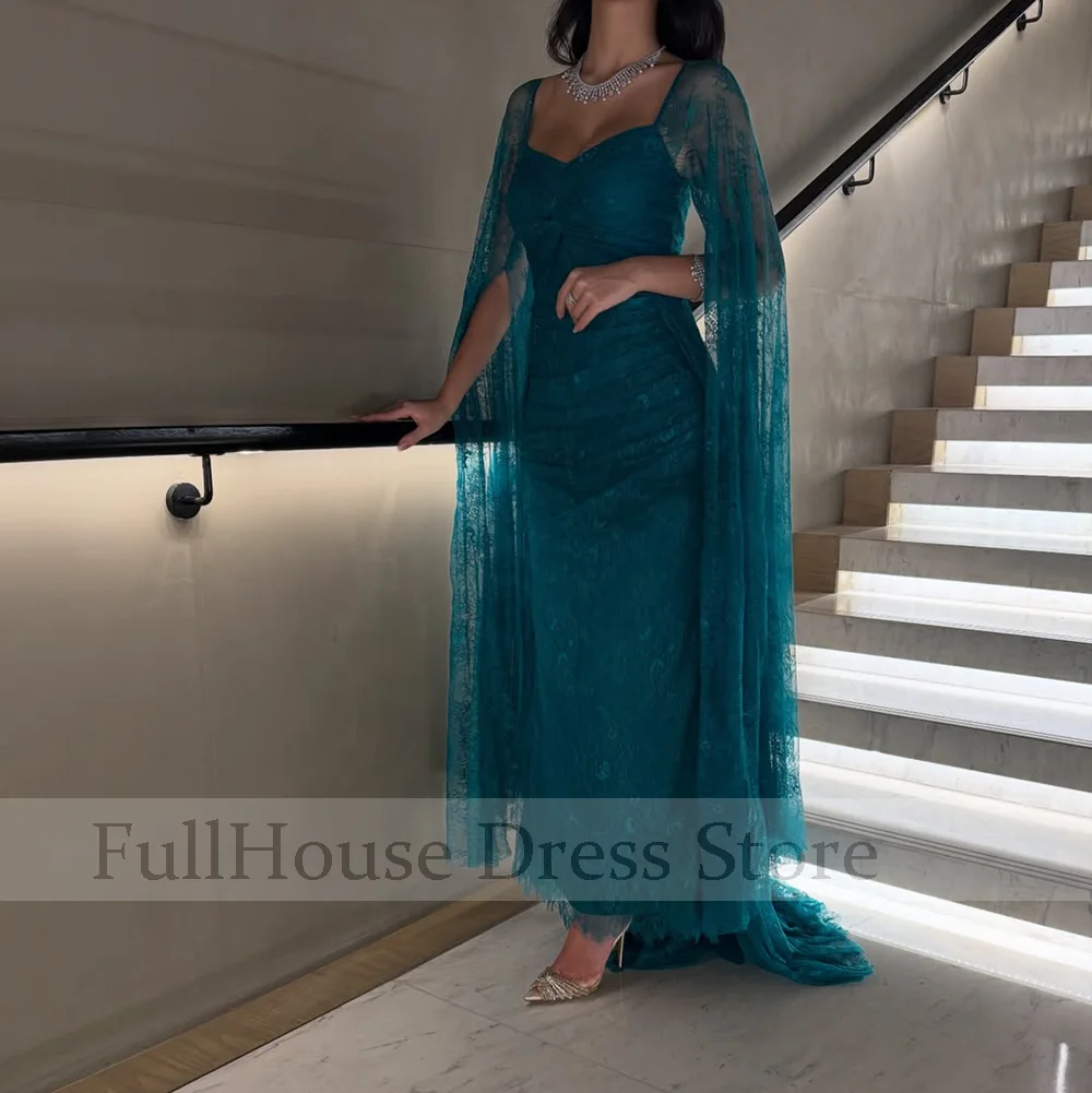 Bespoke Occasion Elegant V-neck Lace Cape Evening Dress Sheath Sexy Backless Maxi Length Saudi Arab Dress فساتين سهرة